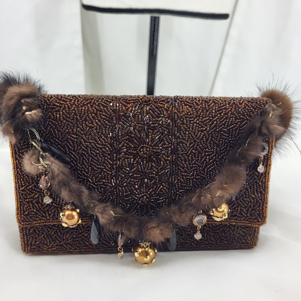 Mitchie's Silk Beaded Brown Purse Handbag Fur Strap with Charms
